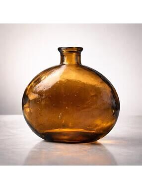 Vintage 1960s Amber Recycled Glass Balloon Bottle Vase Organic Form, 4.5x5”